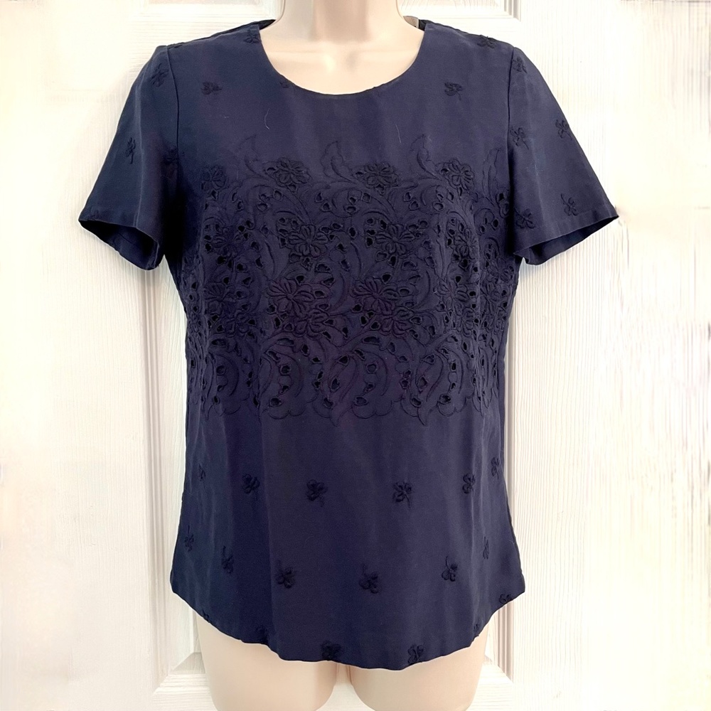 Boden Richmond Top Navy Blue embroidered lined 100% cotton blouse 2